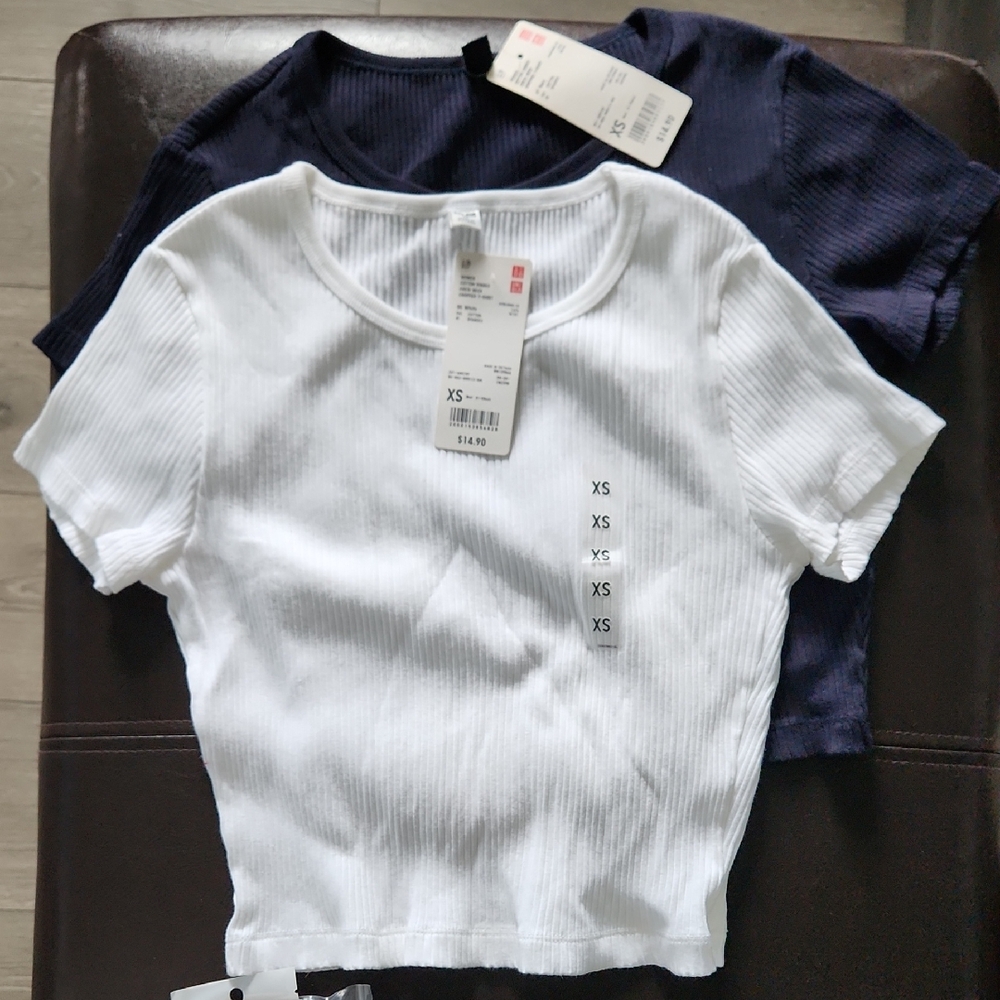 Womens White and Navy Ribbed Tops